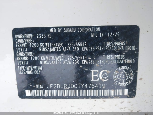 Продаж на аукціоні авто 2026 Subaru Outback Premier Xt, vin: JF2BURJD0TY476419, номер лоту: 12568789