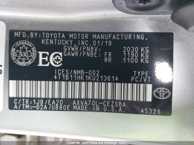 4T1B11HK1KU213614 Toyota CAMRY SE