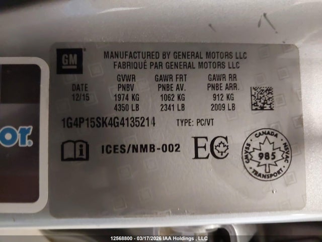 Aukcja sprzedaży 2016 Buick Verano, vin: 1G4P15SK4G4135214, numer aukcji: 12568800