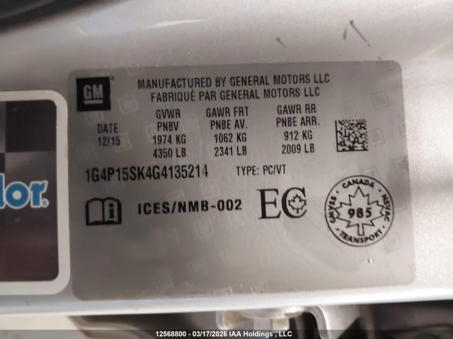 Aukcja sprzedaży 2016 Buick Verano, vin: 1G4P15SK4G4135214, numer aukcji: 12568800