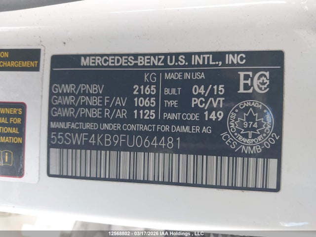 Aukcja sprzedaży 2015 Mercedes-benz C 300 4matic, vin: 55SWF4KB9FU064481, numer aukcji: 12568802