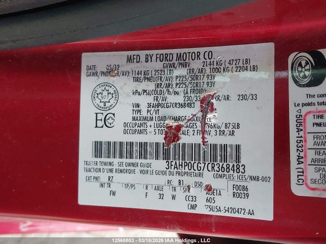 2012 Ford Fusion მანქანა იყიდება აუქციონზე, vin: 3FAHP0CG7CR368483, აუქციონის ნომერი: 12568803