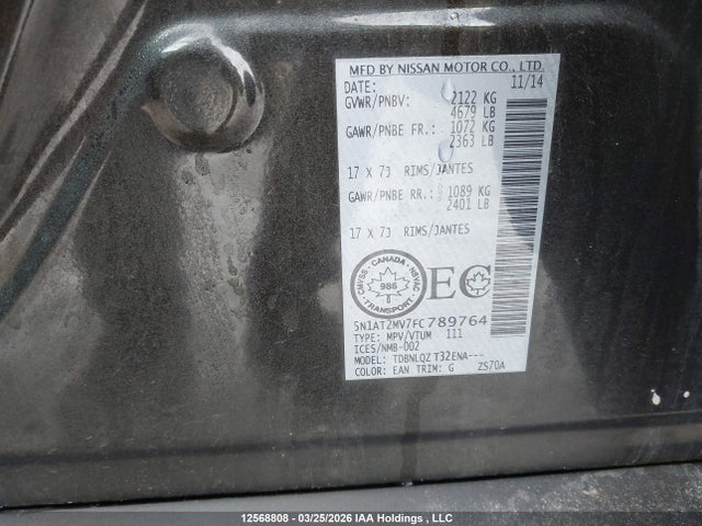Продаж на аукціоні авто 2015 Nissan Rogue S/sl/sv, vin: 5N1AT2MV7FC789764, номер лоту: 12568808