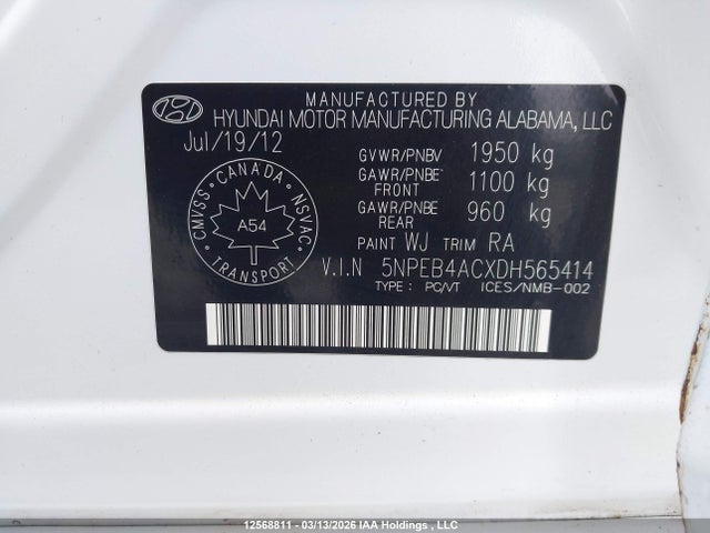 Продажа на аукционе авто 2013 Hyundai Sonata Gls, vin: 5NPEB4ACXDH565414, номер лота: 12568811