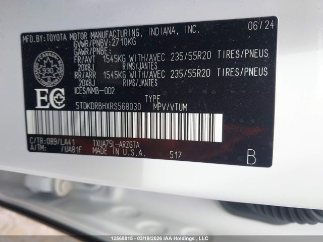 5TDKDRBHXRS568030 Toyota Highlander Le/xle/xse/limited/platinum