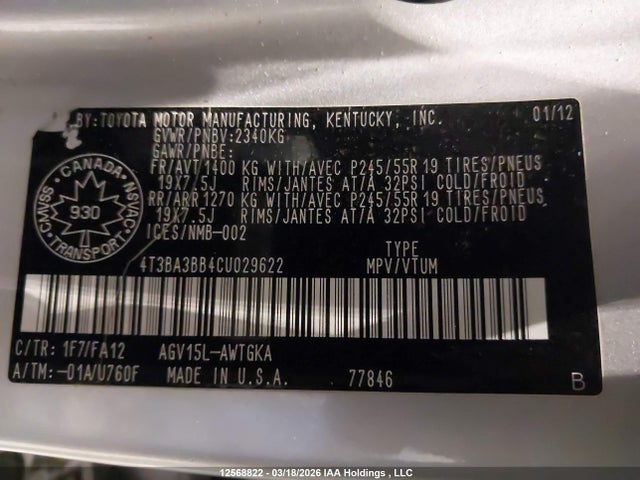 12568822 :رقم المزاد ، 4T3BA3BB4CU029622 vin ، 2012 Toyota Venza مزاد بيع