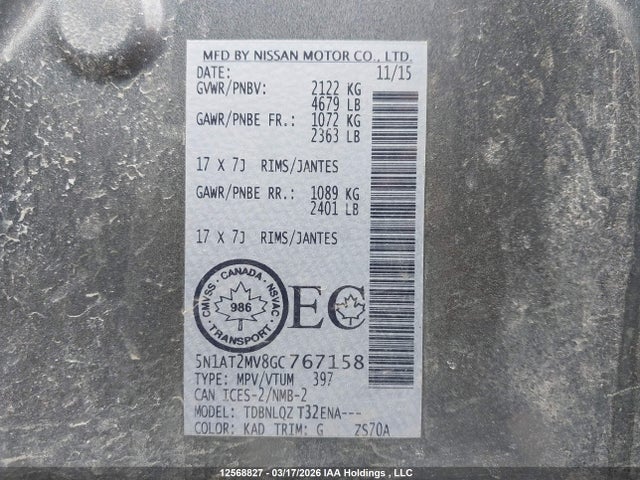 5N1AT2MV8GC767158 Nissan Rogue S/sl Premium/sv