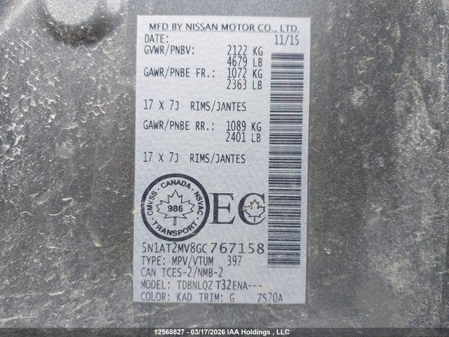 5N1AT2MV8GC767158 Nissan Rogue S/sl Premium/sv