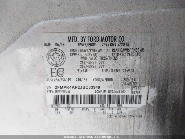 Aukcja sprzedaży 2018 Ford Edge Sport, vin: 2FMPK4AP2JBC33949, numer aukcji: 12568830