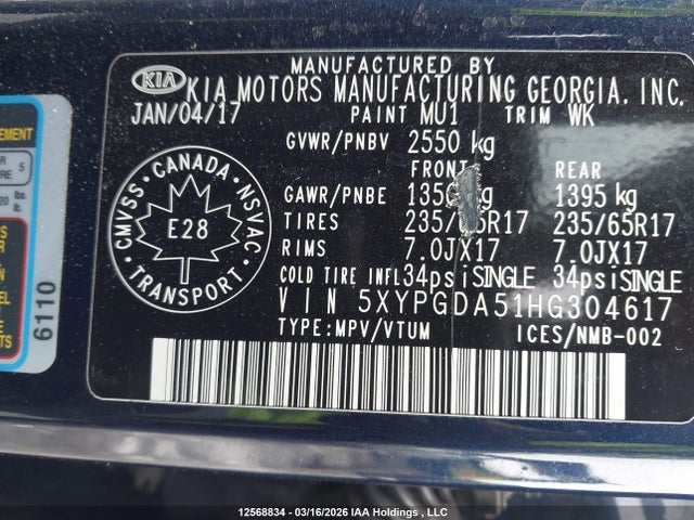 5XYPGDA51HG304617 KIA Sorento 3.3l Lx V6 7-seater