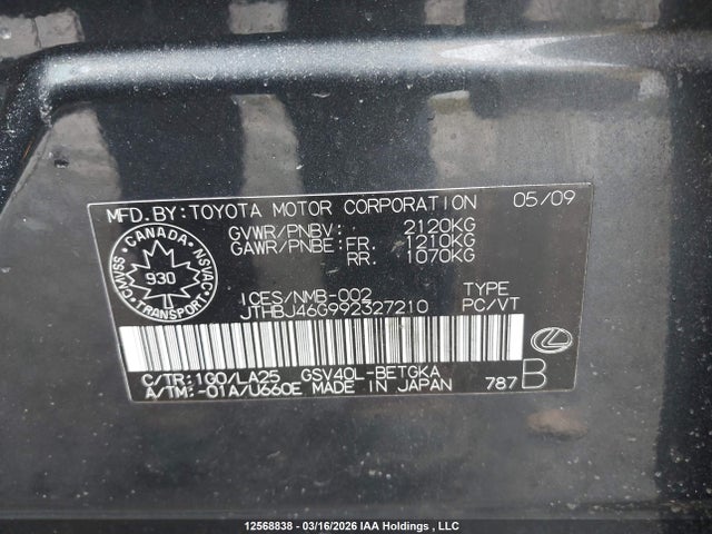 12568838 :رقم المزاد ، JTHBJ46G992327210 vin ، 2009 Lexus Es 350 350 مزاد بيع