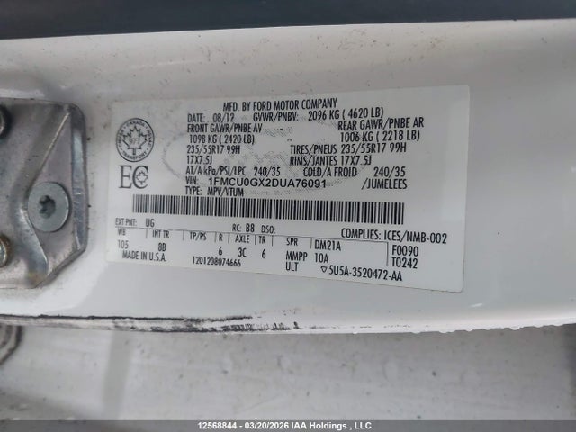 Aukcja sprzedaży 2013 Ford Escape Se, vin: 1FMCU0GX2DUA76091, numer aukcji: 12568844