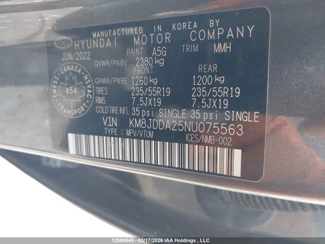 Aukcja sprzedaży 2022 Hyundai Tucson Luxury/ultimate, vin: KM8JDDA25NU075563, numer aukcji: 12568845