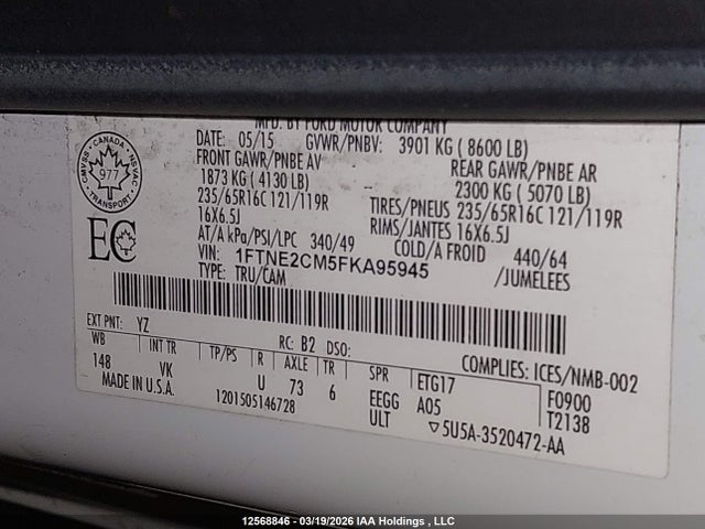 12568846 :رقم المزاد ، 1FTNE2CM5FKA95945 vin ، 2015 Ford Transit-150 مزاد بيع