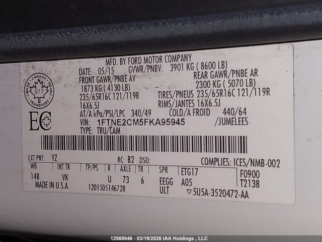 12568846 :رقم المزاد ، 1FTNE2CM5FKA95945 vin ، 2015 Ford Transit-150 مزاد بيع