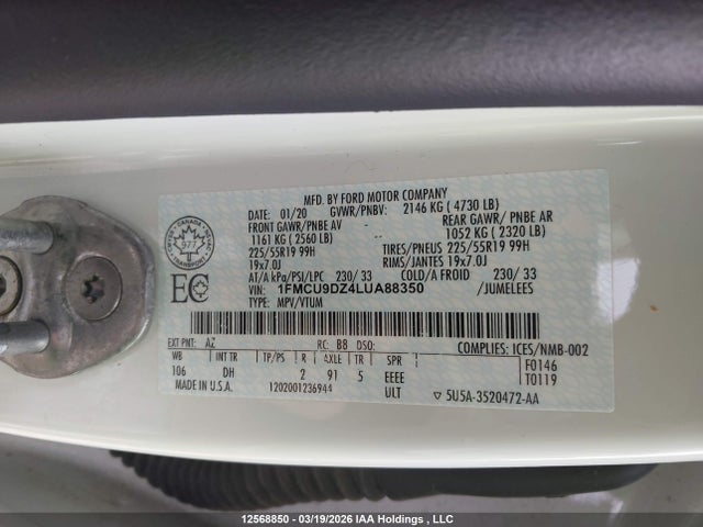 Aukcja sprzedaży 2020 Ford Escape Titanium, vin: 1FMCU9DZ4LUA88350, numer aukcji: 12568850