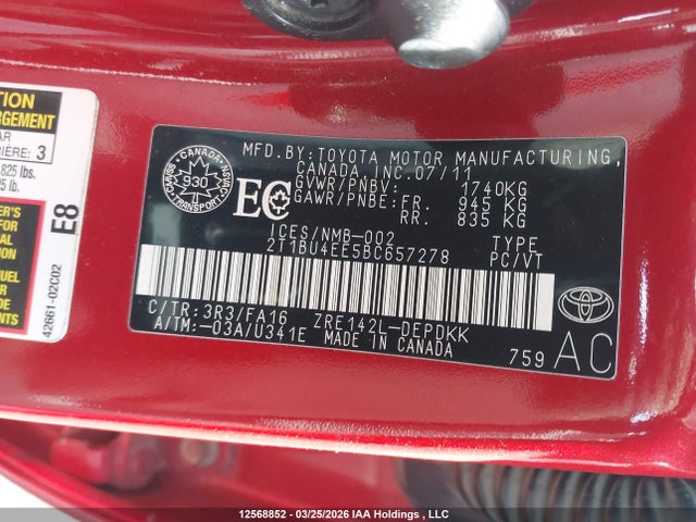 Продажа на аукционе авто 2011 Toyota Corolla, vin: 2T1BU4EE5BC657278, номер лота: 12568852