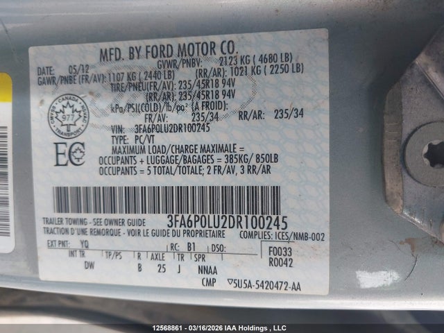 12568861 :رقم المزاد ، 3FA6P0LU2DR100245 vin ، 2013 Ford Fusion Hybrid Se مزاد بيع