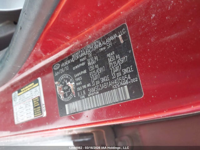 12568862 :رقم المزاد ، 5NMSG3AB1AH405954 vin ، 2010 Hyundai Santa Fe Gl 2.4 مزاد بيع