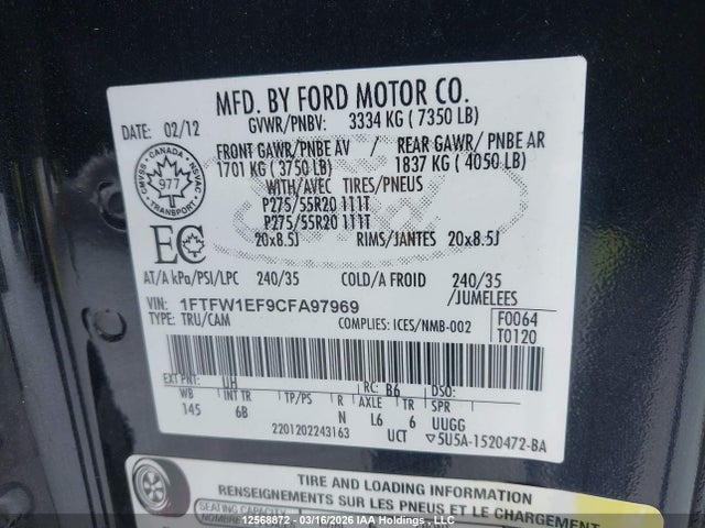 2012 Ford F-150 Fx4 მანქანა იყიდება აუქციონზე, vin: 1FTFW1EF9CFA97969, აუქციონის ნომერი: 12568872