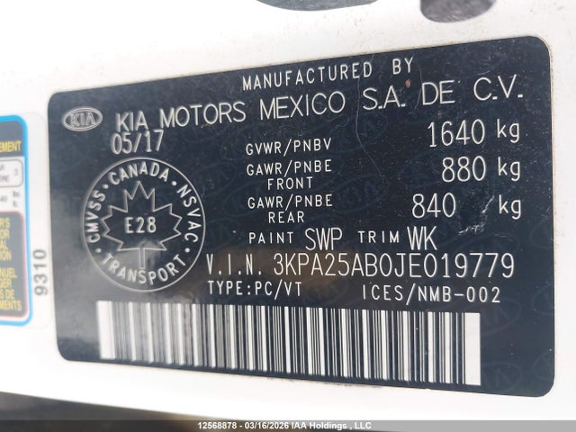 3KPA25AB0JE019779 KIA Rio Lx/lx+