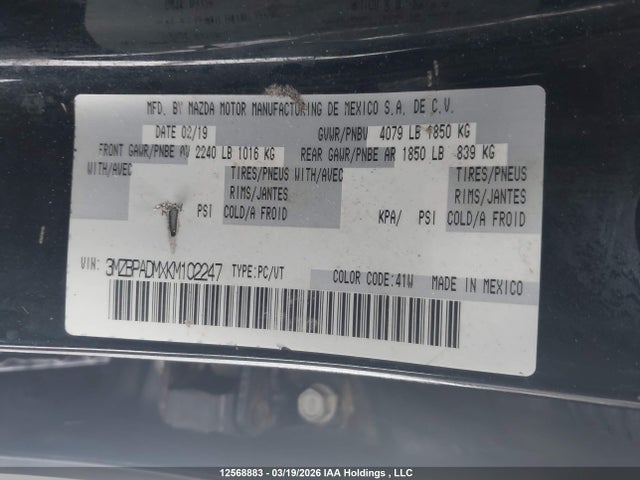 Aukcja sprzedaży 2019 Mazda Mazda3, vin: 3MZBPADMXKM102247, numer aukcji: 12568883