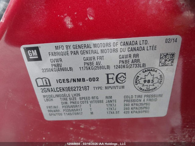 Продаж на аукціоні авто 2014 Chevrolet Equinox 2lt, vin: 2GNALCEK0E6272187, номер лоту: 12568888