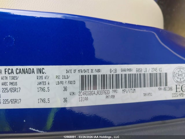 12568891 :رقم المزاد ، 2C4RDGBG4JR337633 vin ، 2018 Dodge Grand Caravan Cvp/sxt مزاد بيع