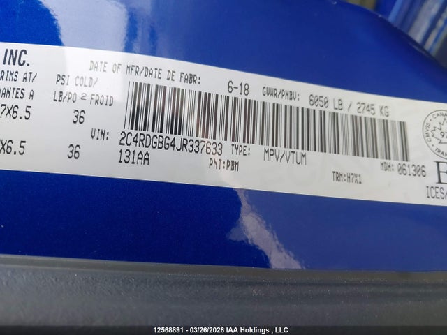 12568891 :رقم المزاد ، 2C4RDGBG4JR337633 vin ، 2018 Dodge Grand Caravan Cvp/sxt مزاد بيع