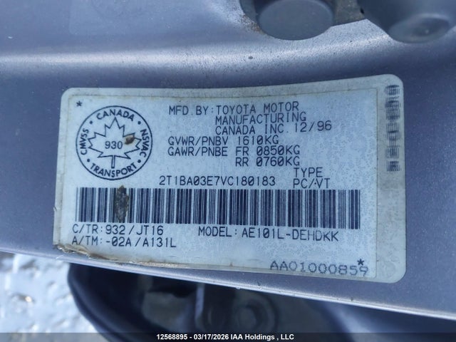 12568895 :رقم المزاد ، 2T1BA03E7VC180183 vin ، 1997 Toyota Corolla Dx مزاد بيع