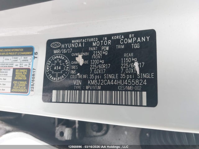 12568896 :رقم المزاد ، KM8J2CA44HU455824 vin ، 2017 Hyundai Tucson Se مزاد بيع
