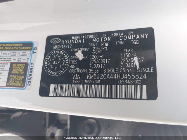 12568896 :رقم المزاد ، KM8J2CA44HU455824 vin ، 2017 Hyundai Tucson Se مزاد بيع