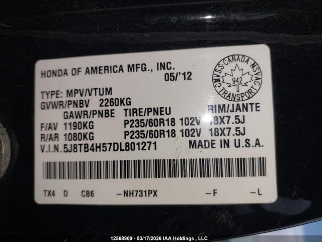 Aukcja sprzedaży 2013 Acura Rdx Technology, vin: 5J8TB4H57DL801271, numer aukcji: 12568909
