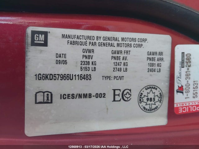 12568913 :رقم المزاد ، 1G6KD57966U116483 vin ، 2006 Cadillac Dts مزاد بيع
