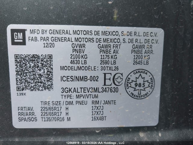 Aukcja sprzedaży 2021 Gmc Terrain Sle, vin: 3GKALTEV3ML347630, numer aukcji: 12568919