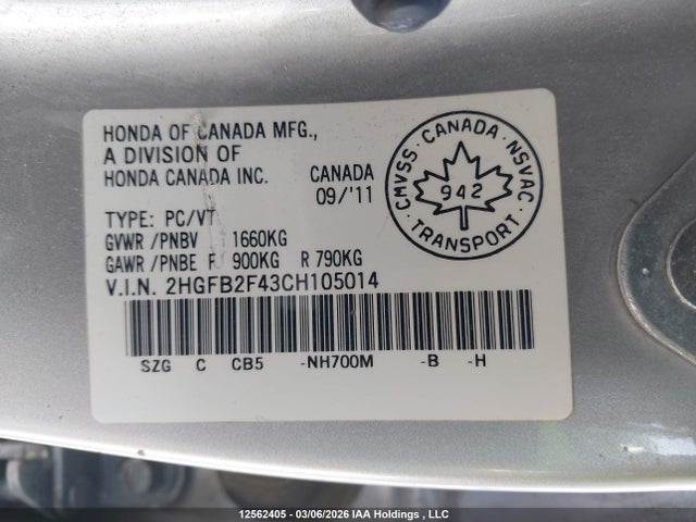 Продаж на аукціоні авто 2012 Honda Civic Lx, vin: 2HGFB2F43CH105014, номер лоту: 12562405
