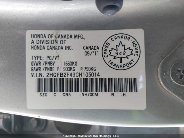 Продаж на аукціоні авто 2012 Honda Civic Lx, vin: 2HGFB2F43CH105014, номер лоту: 12562405