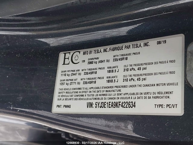 12568930 :رقم المزاد ، 5YJ3E1EA9KF422634 vin ، 2019 Tesla Model 3 مزاد بيع