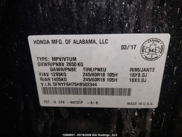 Продажа на аукционе авто 2017 Honda Pilot Exln, vin: 5FNYF6H75HB502344, номер лота: 12568931