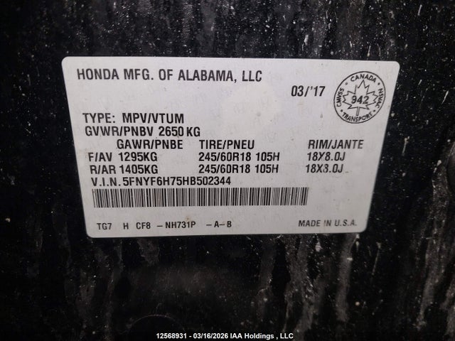 Продажа на аукционе авто 2017 Honda Pilot Exln, vin: 5FNYF6H75HB502344, номер лота: 12568931