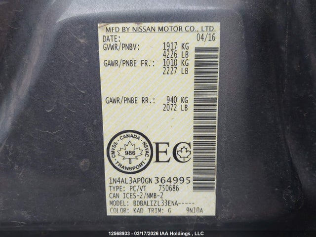 1N4AL3AP0GN364995 Nissan Altima 2.5/s/sv/sl/sr