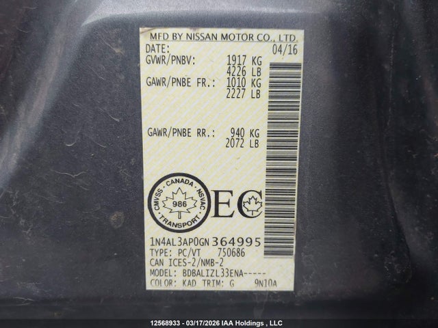 1N4AL3AP0GN364995 Nissan Altima 2.5/s/sv/sl/sr