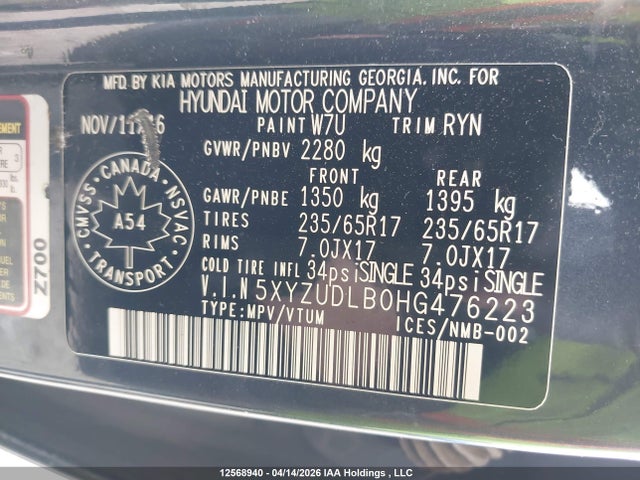5XYZUDLB0HG476223 Hyundai Santa Fe Sport 2.4 Premium