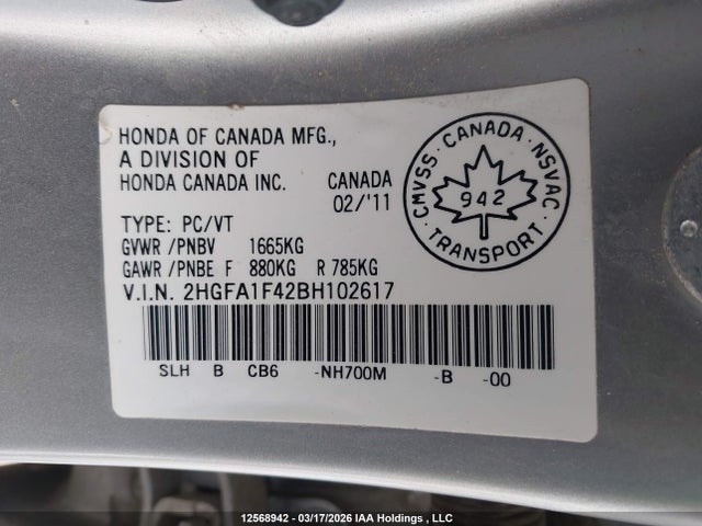 2011 Honda Civic Dx-g მანქანა იყიდება აუქციონზე, vin: 2HGFA1F42BH102617, აუქციონის ნომერი: 12568942