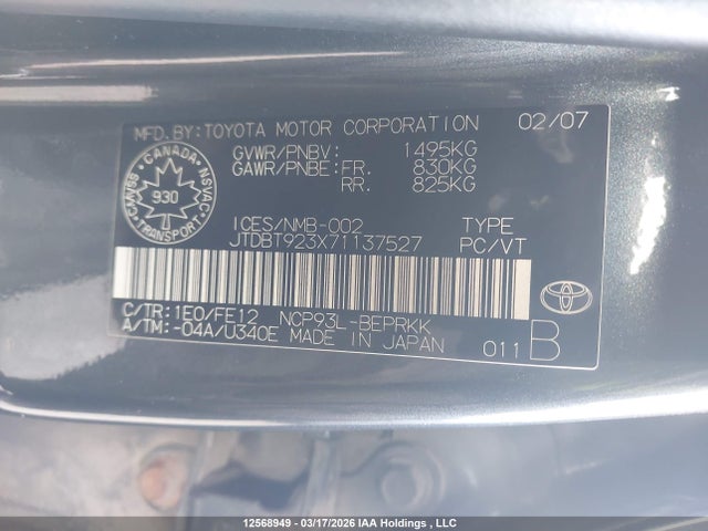 Aukcja sprzedaży 2007 Toyota Yaris, vin: JTDBT923X71137527, numer aukcji: 12568949