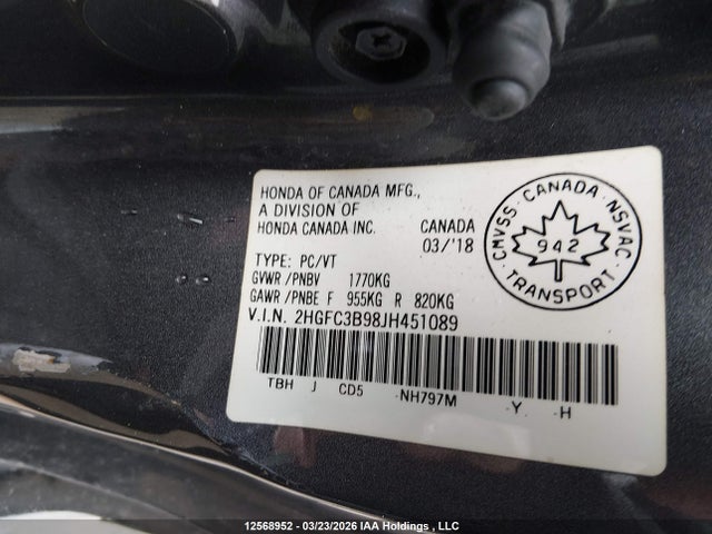12568952 :رقم المزاد ، 2HGFC3B98JH451089 vin ، 2018 Honda Civic Touring مزاد بيع