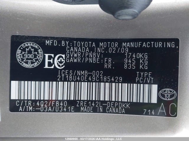 12568955 :رقم المزاد ، 2T1BU40E49C185429 vin ، 2009 Toyota Corolla Ce مزاد بيع
