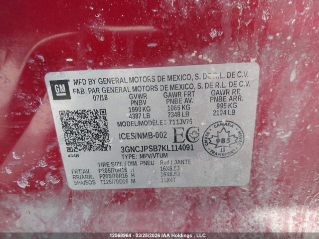 12568964 :رقم المزاد ، 3GNCJPSB7KL114091 vin ، 2019 Chevrolet Trax 1lt مزاد بيع