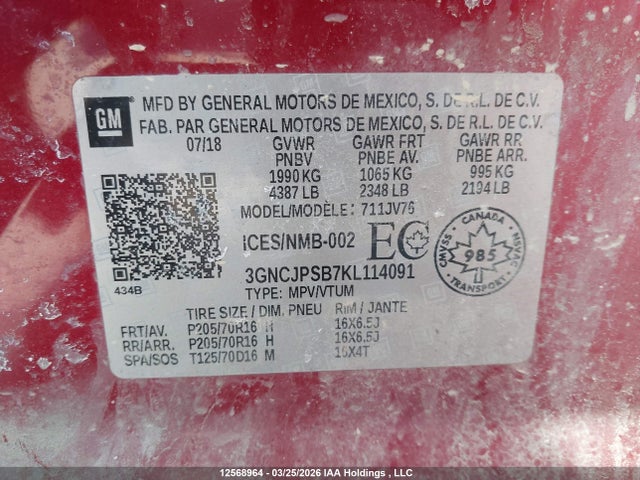 12568964 :رقم المزاد ، 3GNCJPSB7KL114091 vin ، 2019 Chevrolet Trax 1lt مزاد بيع