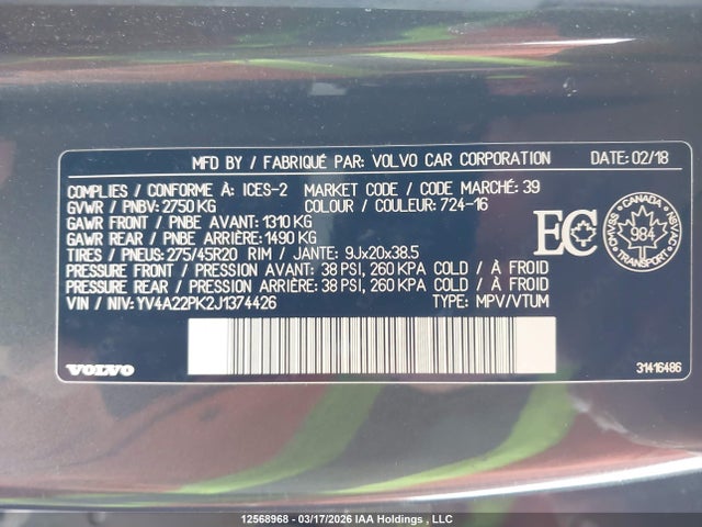 YV4A22PK2J1374426 Volvo XC90 T6